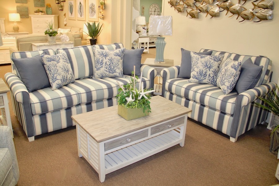 striped sofa and loveseat